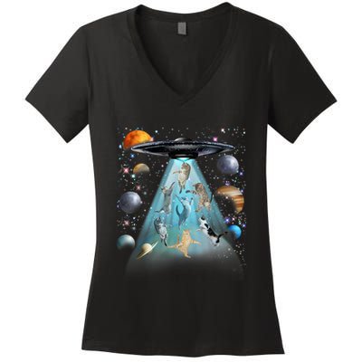 Cat Alien Ufo Gifts Space Cat Galaxy Cat Funny For Cat Dad Cat Mom Cat Lover Women's V-Neck T-Shirt