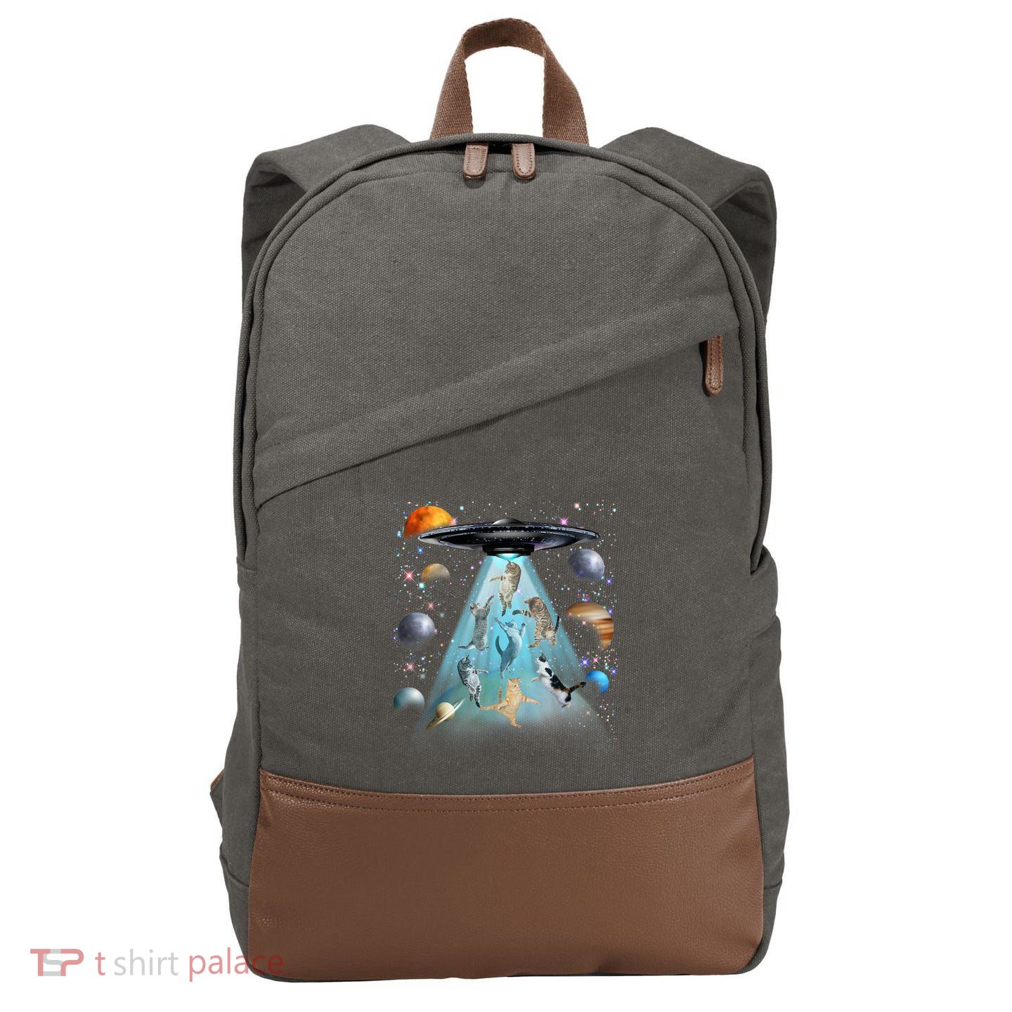 Cat Alien Ufo Gifts Space Cat Galaxy Cat Funny For Cat Dad Cat Mom Cat Lover Cotton Canvas Backpack