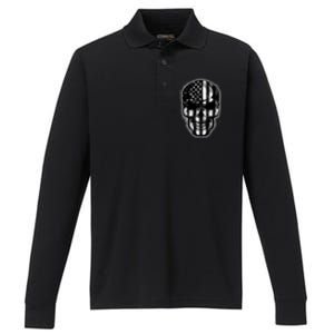 Cool American USA Flag Grunge Skull Performance Long Sleeve Polo