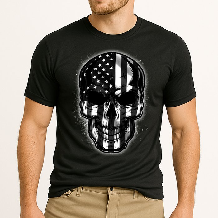 Cool American USA Flag Grunge Skull Cooling Performance Crew T-Shirt