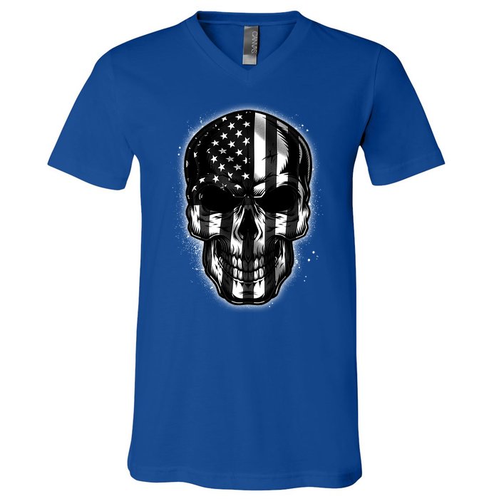 Cool American USA Flag Grunge Skull V-Neck T-Shirt