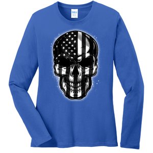 Cool American USA Flag Grunge Skull Ladies Long Sleeve Shirt