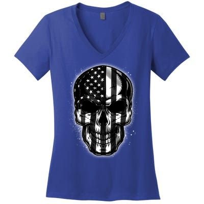 Cool American USA Flag Grunge Skull Women's V-Neck T-Shirt