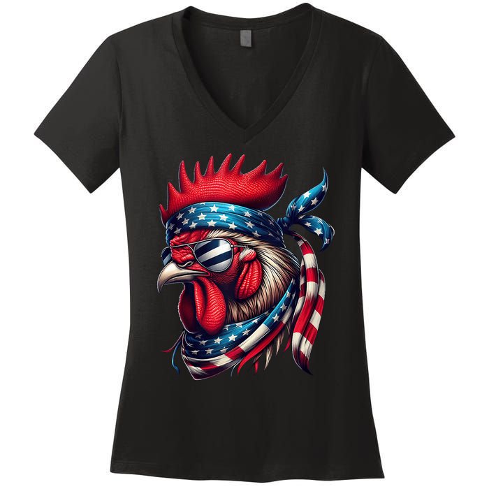 Chicken American Usa Flag Sunglasses 4th Of July Chicken Women's V-Neck T-Shirt