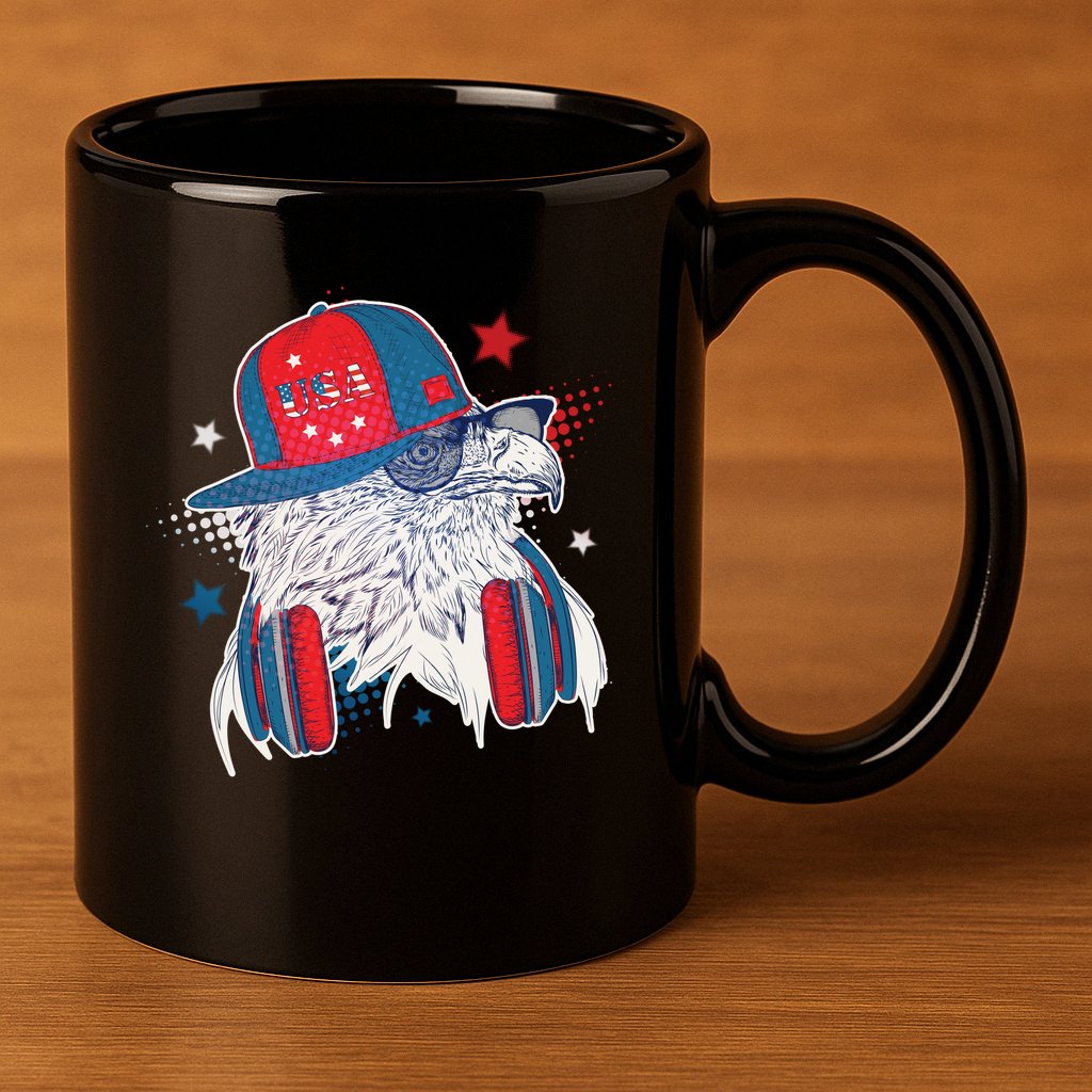 Cool American USA Flag Hipster DJ Eagle 11oz C Handle Ceramic Mug