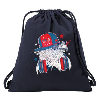 Cool American USA Flag Hipster DJ Eagle Drawstring Bag