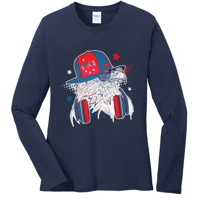 Cool American USA Flag Hipster DJ Eagle Ladies Long Sleeve Shirt