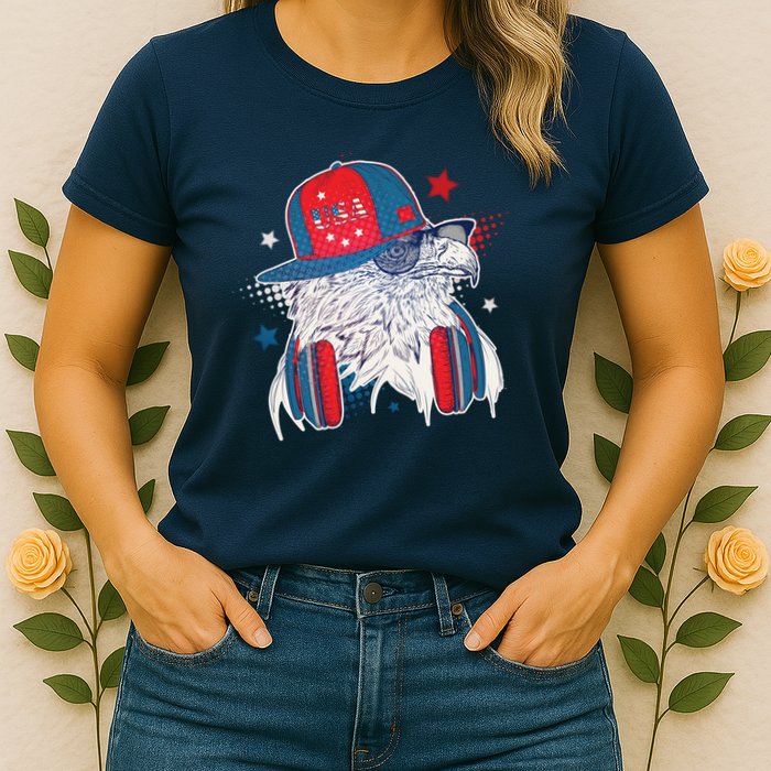 Cool American USA Flag Hipster DJ Eagle Womens T-Shirt