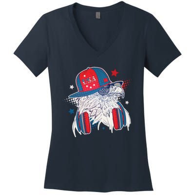 Cool American USA Flag Hipster DJ Eagle Women's V-Neck T-Shirt