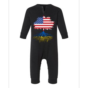 Cool American Ukrainian Roots I Stand With Ukraine USA Ukraine Flags Infant Fleece One Piece