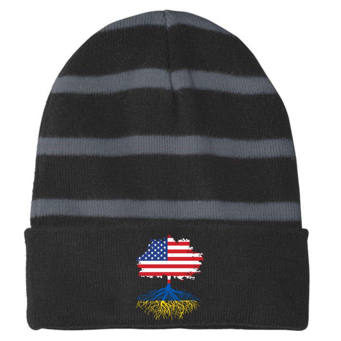 Cool American Ukrainian Roots I Stand With Ukraine USA Ukraine Flags Striped Beanie with Solid Band