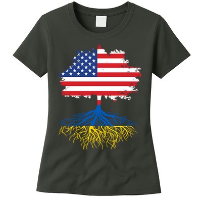 Cool American Ukrainian Roots I Stand With Ukraine USA Ukraine Flags Womens T-Shirt