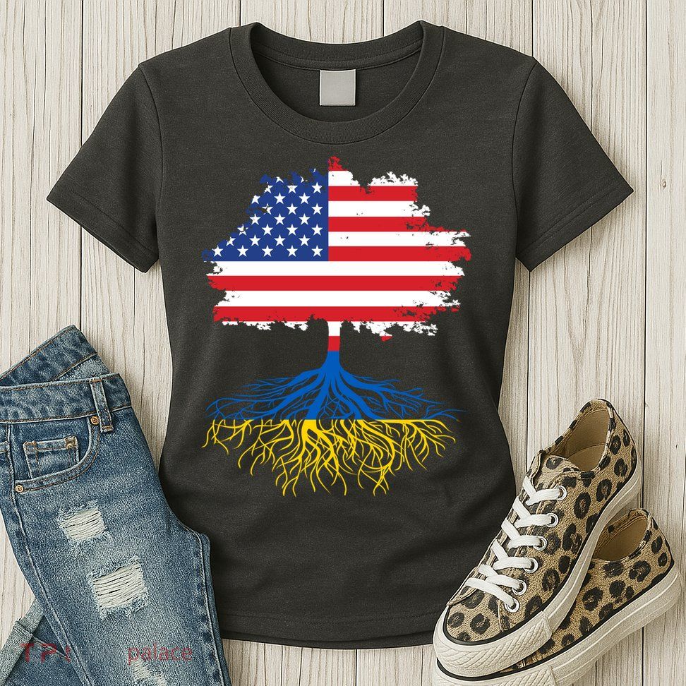 Cool American Ukrainian Roots I Stand With Ukraine USA Ukraine Flags Womens T-Shirt