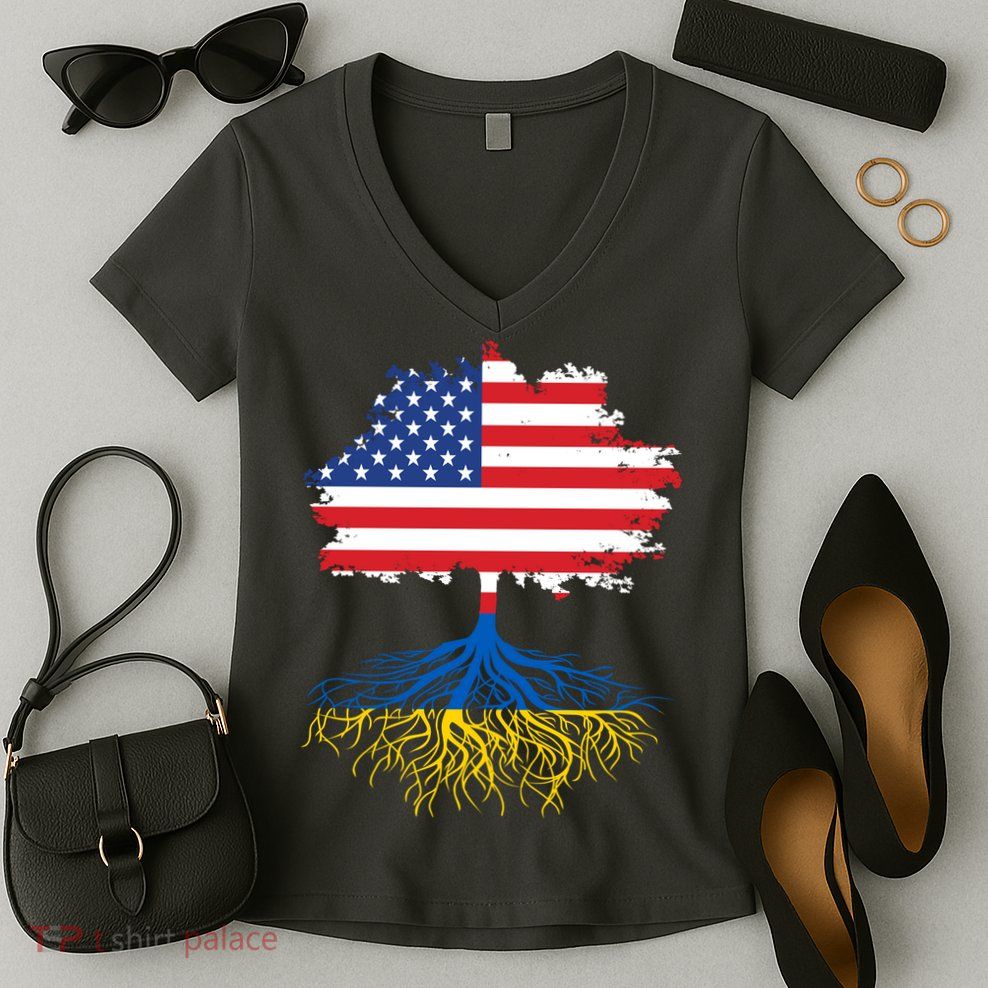 Cool American Ukrainian Roots I Stand With Ukraine USA Ukraine Flags Women's V-Neck T-Shirt