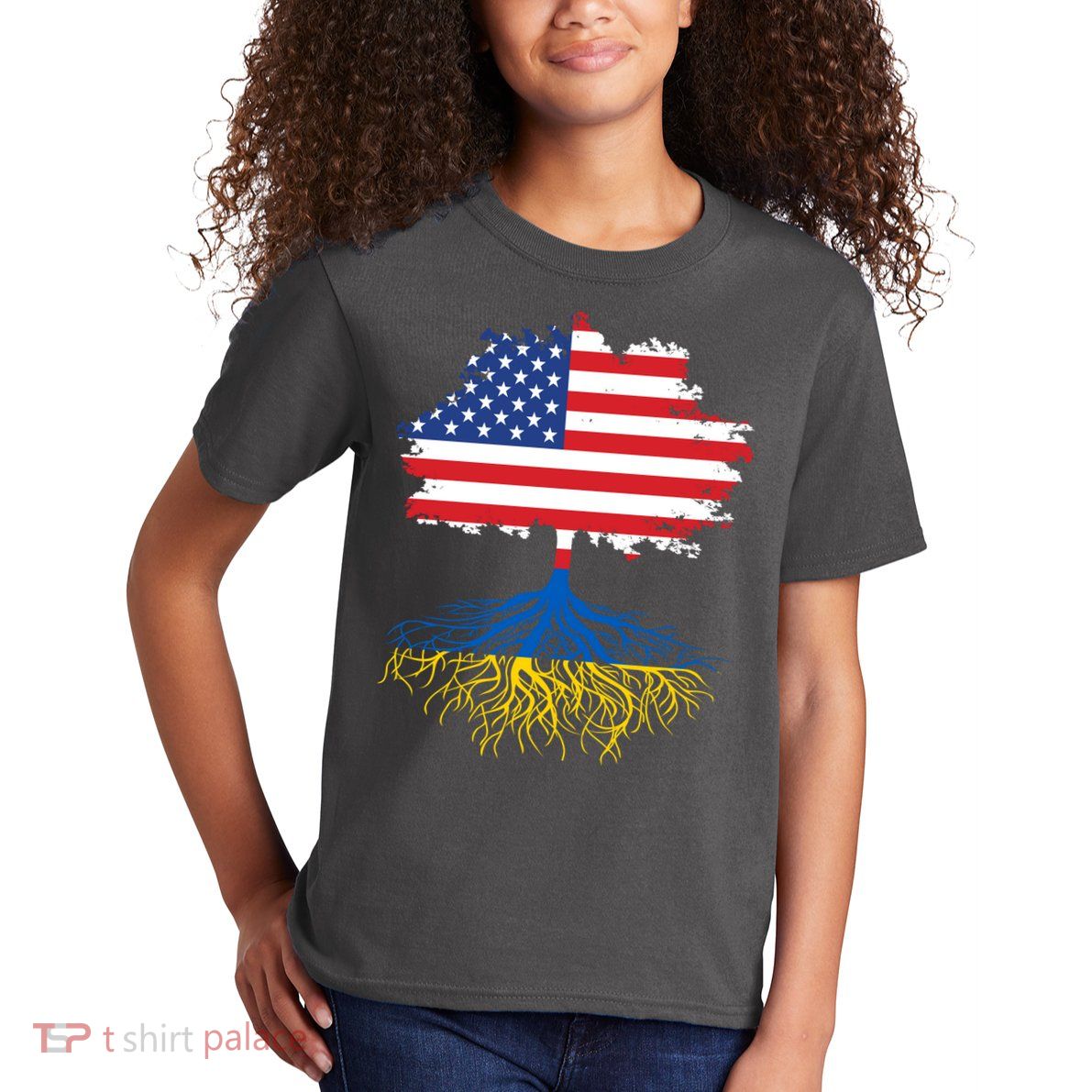 Cool American Ukrainian Roots I Stand With Ukraine USA Ukraine Flags Kids T-Shirt
