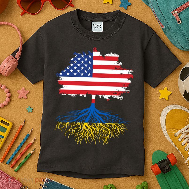 Cool American Ukrainian Roots I Stand With Ukraine USA Ukraine Flags Kids T-Shirt