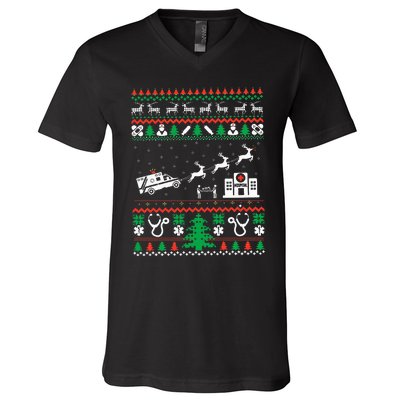 Christmas Ambulance Ugly Sweater Emergency Medical EMT V-Neck T-Shirt