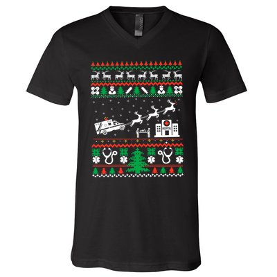 Christmas Ambulance Ugly Sweater Emergency Medical Emt V-Neck T-Shirt