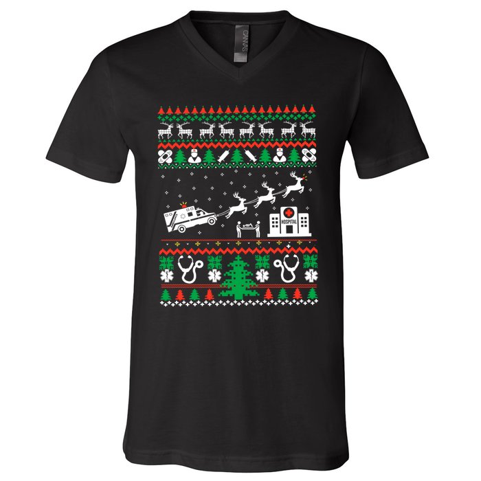 Christmas Ambulance Ugly Sweater Emergency Medical Emt V-Neck T-Shirt