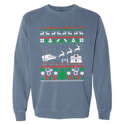 Christmas Ambulance Ugly Sweater Emergency Medical Emt Garment-Dyed Sweatshirt