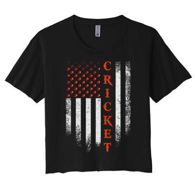 Cricket Apparel US Flag Retro Cricket Player American Flag Women's Crop Top Tee