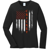 Cricket Apparel US Flag Retro Cricket Player American Flag Ladies Long Sleeve Shirt