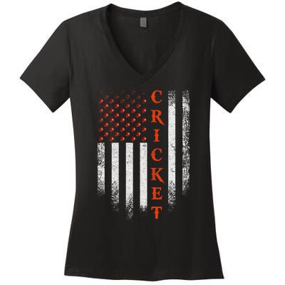 Cricket Apparel US Flag Retro Cricket Player American Flag Women's V-Neck T-Shirt