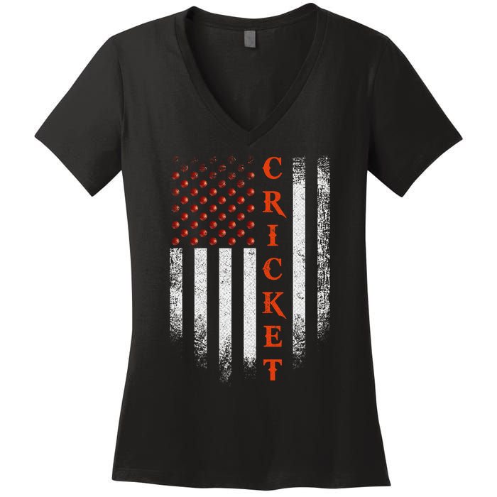 Cricket Apparel US Flag Retro Cricket Player American Flag Women's V-Neck T-Shirt