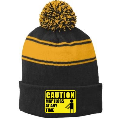 Caution May Floss at Any Time Stripe Pom Pom Beanie