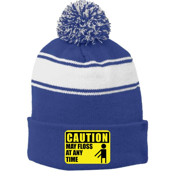 Caution May Floss At Any Time Stripe Pom Pom Beanie