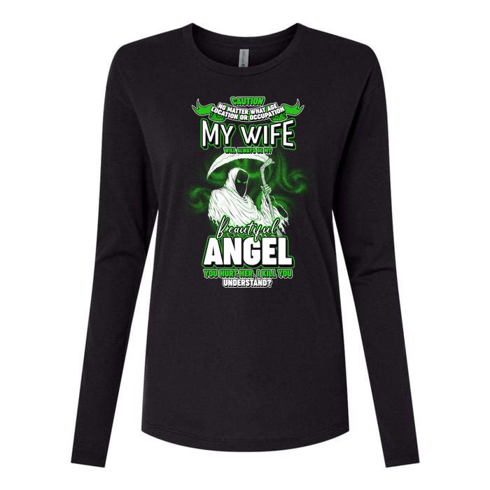 Caution My Wife Will Always Be My Beautiful Angel Hurt Her I Kill You Womens Cotton Relaxed Long Sleeve T-Shirt