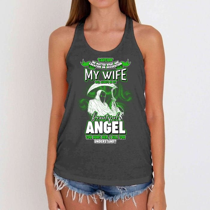 Caution My Wife Will Always Be My Beautiful Angel Hurt Her I Kill You Women's Knotted Racerback Tank