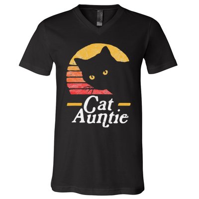 Cat Aunt Vintage Eighties Style Sun Cat Retro Distressed V-Neck T-Shirt