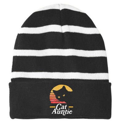 Cat Aunt Vintage Eighties Style Sun Cat Retro Distressed Striped Beanie with Solid Band