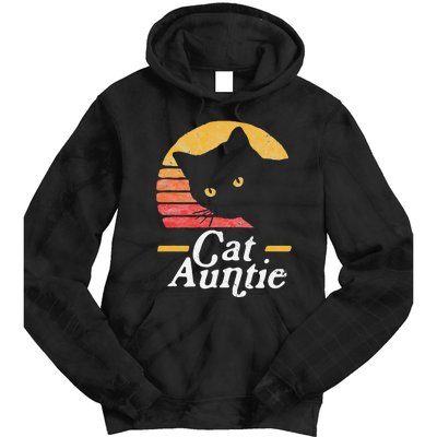 Cat Aunt Vintage Eighties Style Sun Cat Retro Distressed Tie Dye Hoodie