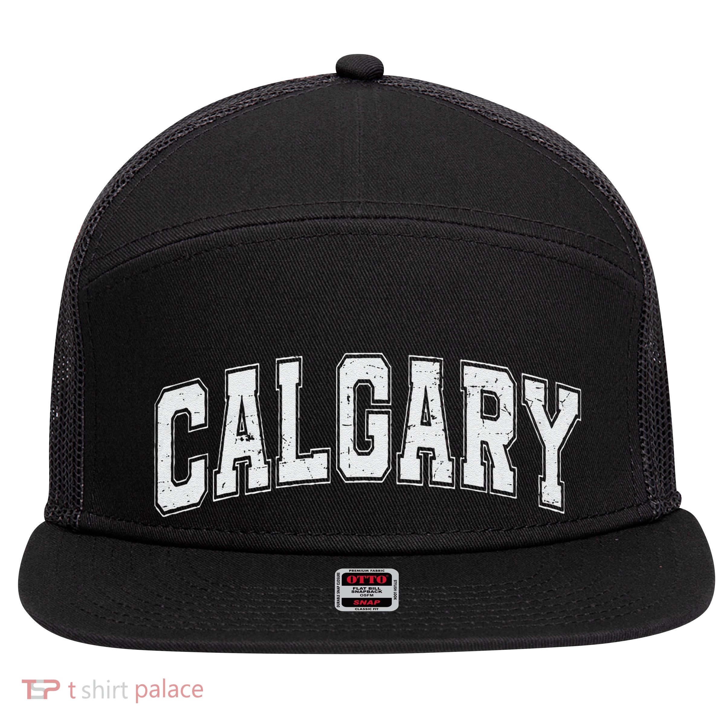 Calgary Ab Vintage Sports White Retro Varsity Text 7 Panel Mesh Trucker Snapback Hat