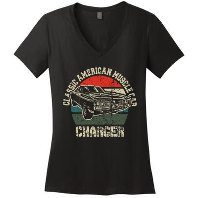 Classic American Vintage Muscle Car Charger 1960s 1970s Fan Women's V-Neck T-Shirt