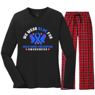 Child Abuse Warrior Prevention Month Blue Ribbon Awareness Women's Long Sleeve Flannel Pajama Set 