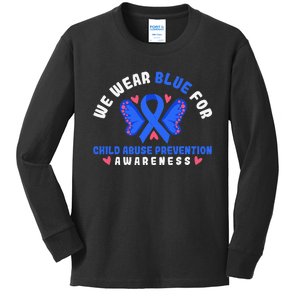 Child Abuse Warrior Prevention Month Blue Ribbon Awareness Kids Long Sleeve Shirt