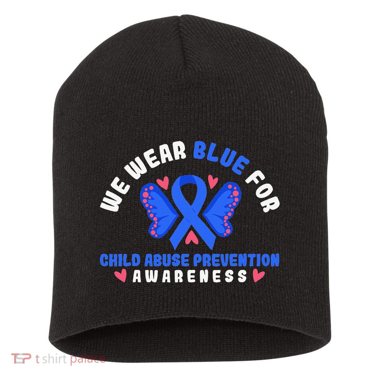 Child Abuse Warrior Prevention Month Blue Ribbon Awareness Short Acrylic Beanie