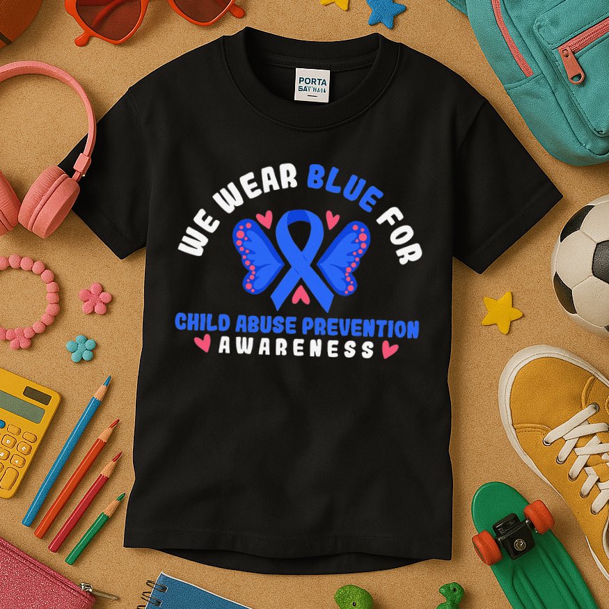 Child Abuse Warrior Prevention Month Blue Ribbon Awareness Kids T-Shirt