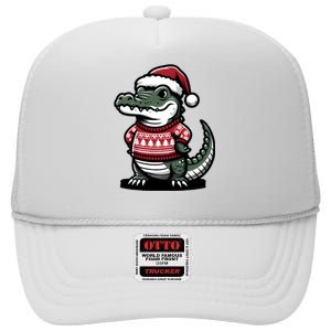 Cute Alligator With Santa Hat Christmas Xmas Florida Cartoon High Crown Mesh Back Trucker Hat