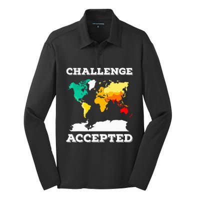 Challenge Accepted World Map Travel World Traveler Silk Touch Performance Long Sleeve Polo