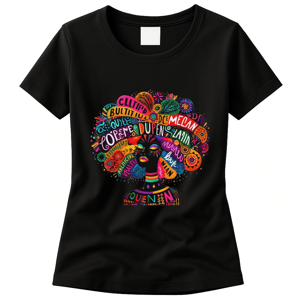 Cool African Woman Afro Color Painted Face Motivation Word Womens T-Shirt