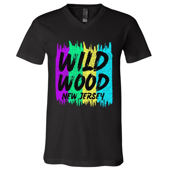 Cool Artsy Wild Wood New Jersey Beach Lover Boardwalk V-Neck T-Shirt