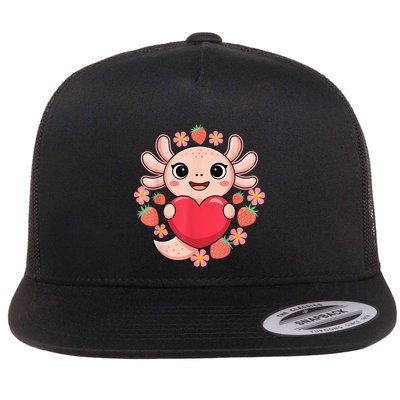 Cute Axolotl With Heart And Strawberries Flat Bill Trucker Hat
