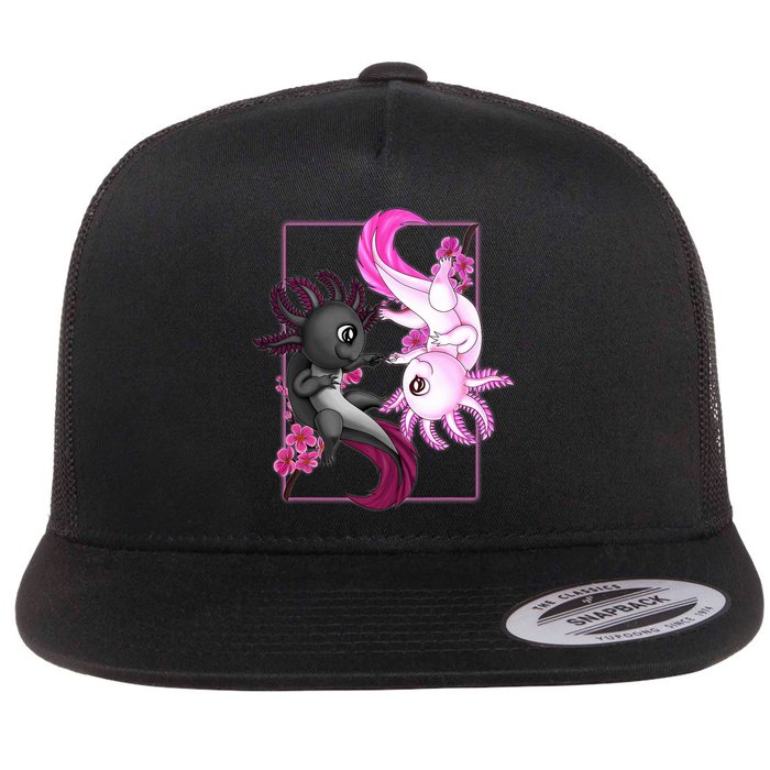 Cute Axolotl Yin Yang Plush Pets Cherry Blossom Flat Bill Trucker Hat