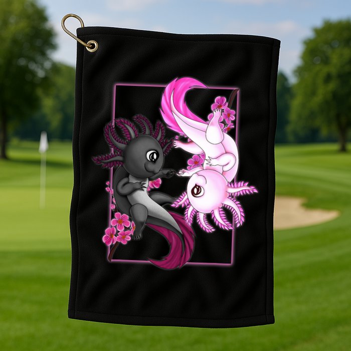 Cute Axolotl Yin Yang Plush Pets Cherry Blossom Golf Towel