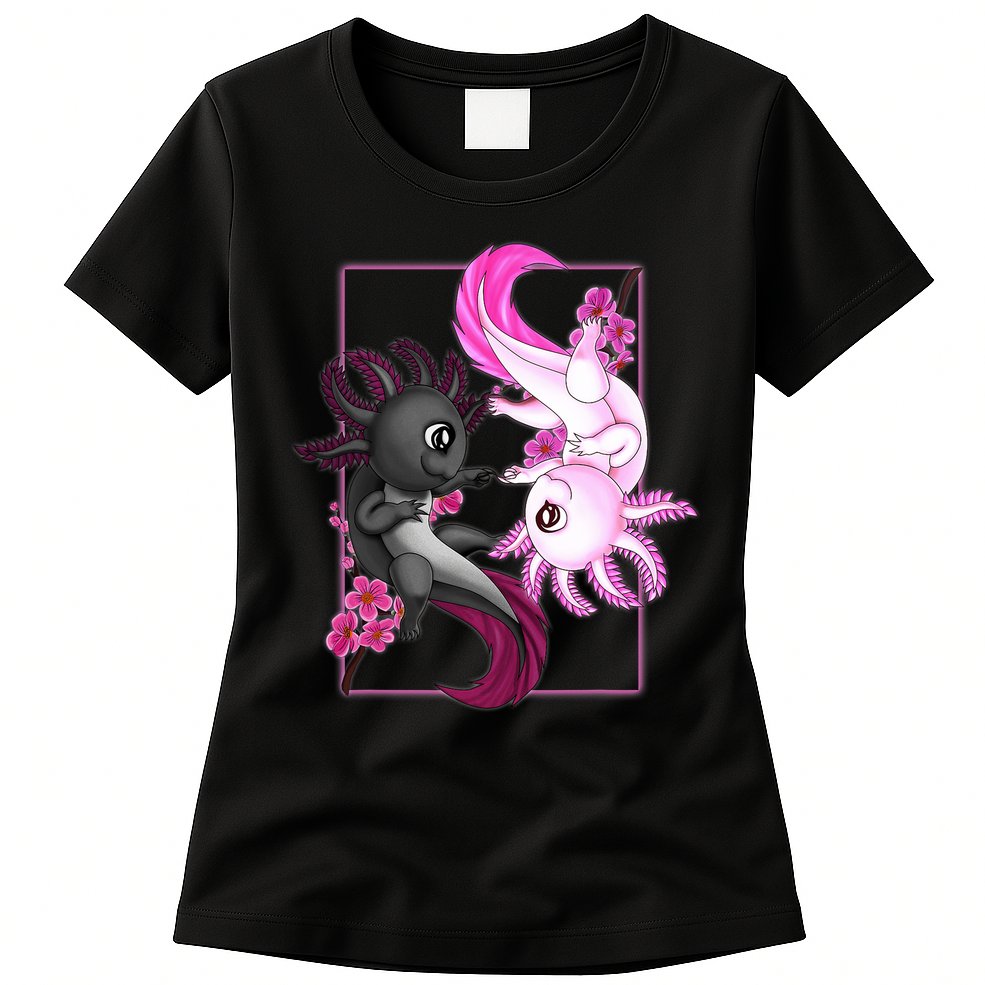Cute Axolotl Yin Yang Plush Pets Cherry Blossom Womens T-Shirt