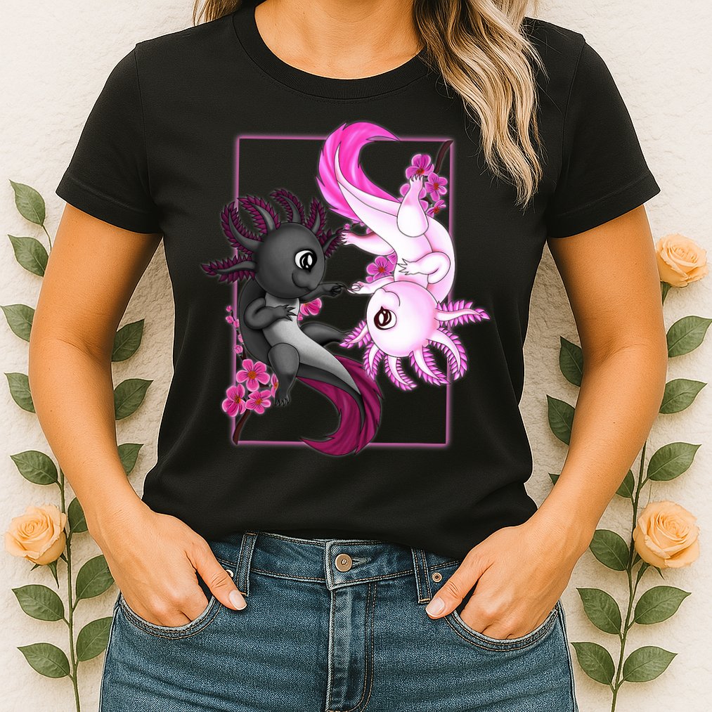 Cute Axolotl Yin Yang Plush Pets Cherry Blossom Womens T-Shirt